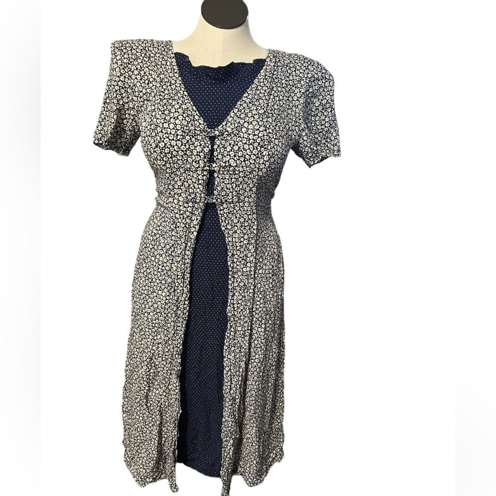 BENTLEY vintage floral dress navy and white with shoulder back tie up